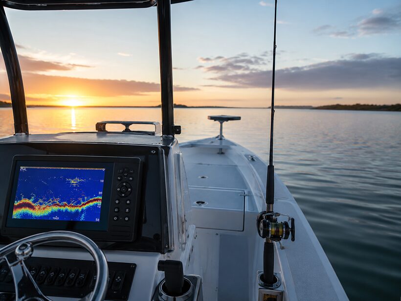Fishing rod in a holder beside a glowing sonar fish-finder on a boat at dawn