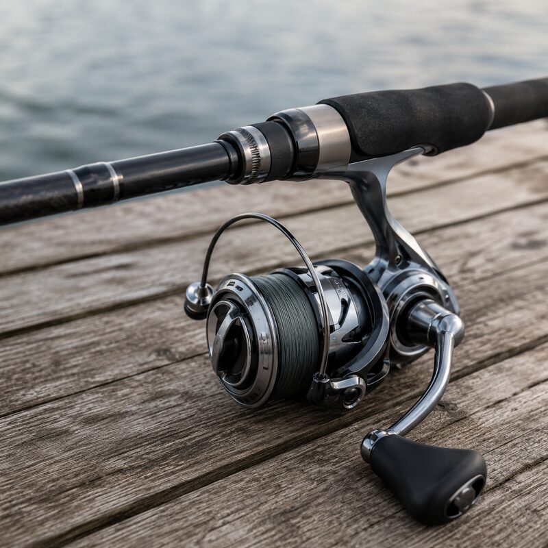Spinning reel on a dock